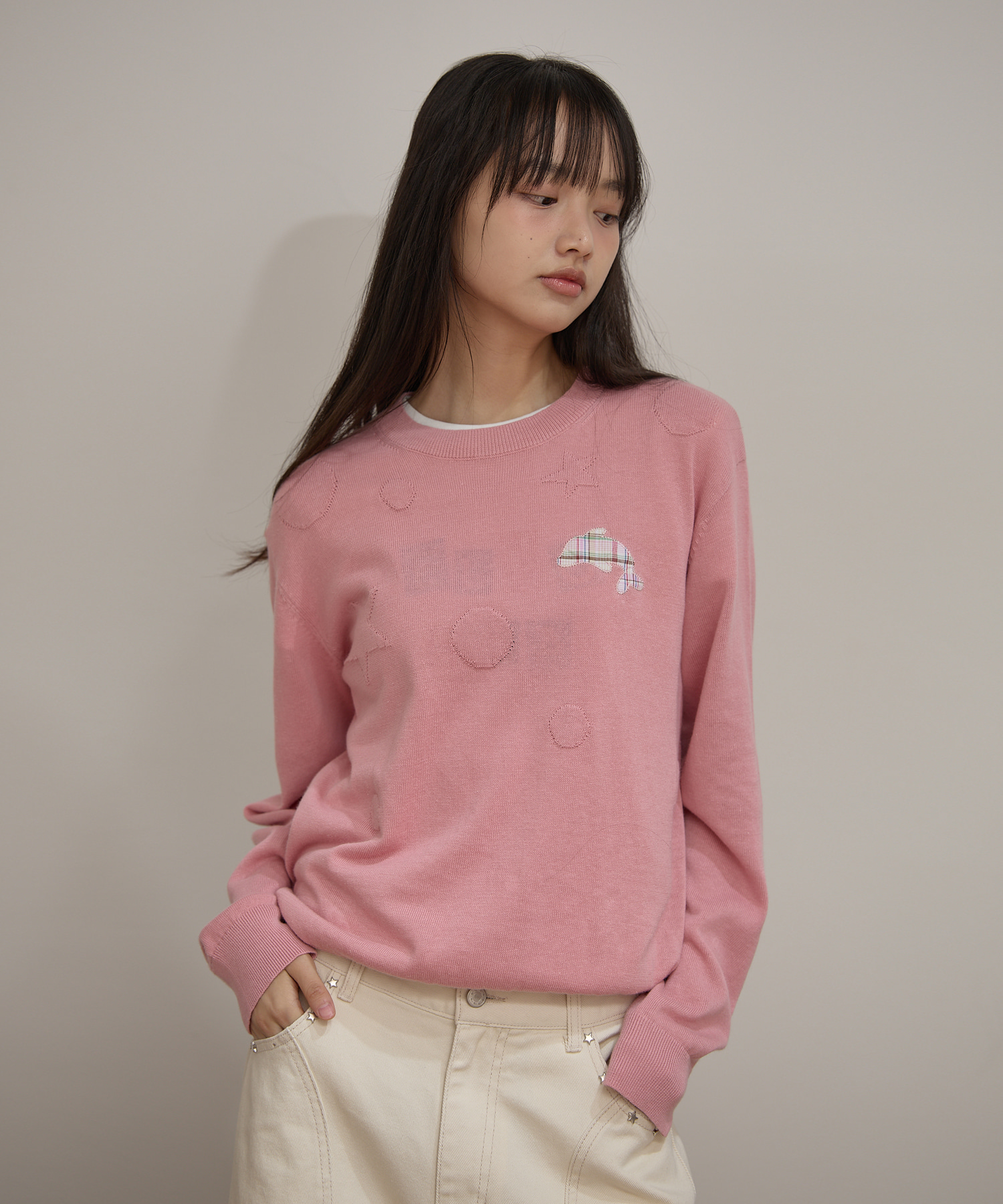 Dolphin Check Applique Crew Neck Knit PINK