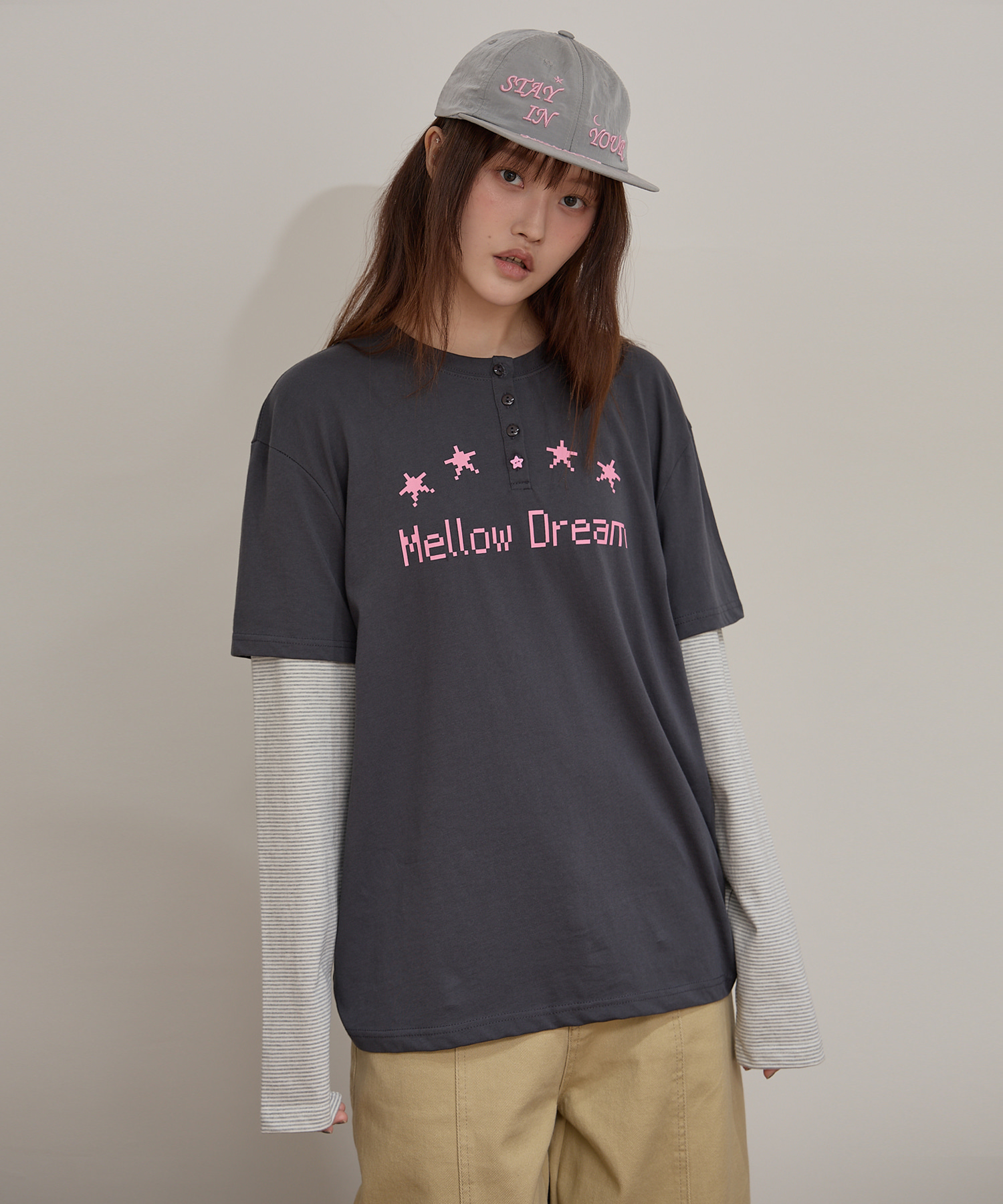 MELLOW DREAM Stripe Layerd T-shirt CHARCOAL