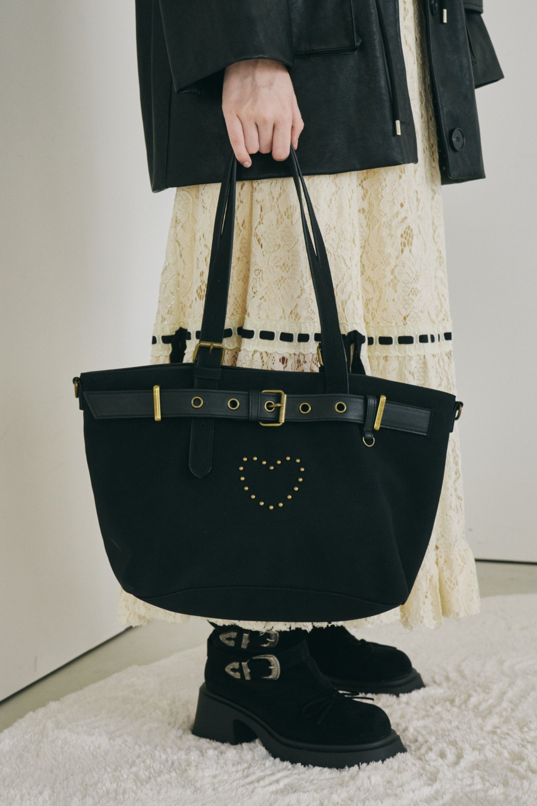 heart × belt suede shoulder bag