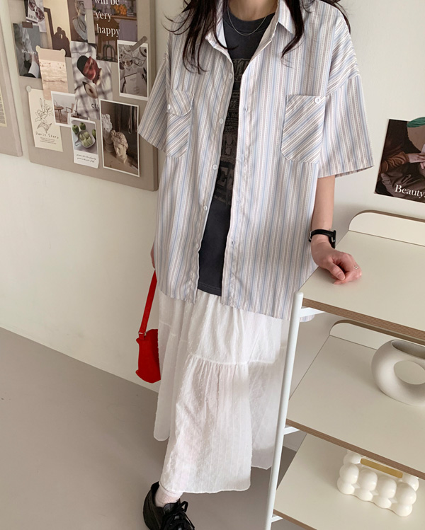 【定価21000円】DESCENDANT ストライプ 半袖シャツ サイズ2 DESCENDANT ストライプ 半袖シャツ サイズ2