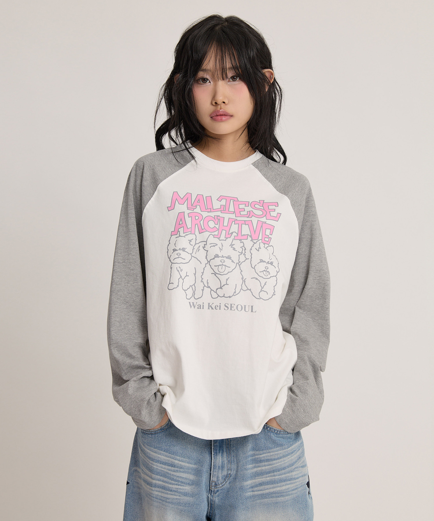 Maltese Archive Line Graphic Raglan Long Sleeve T-shirt WHITE