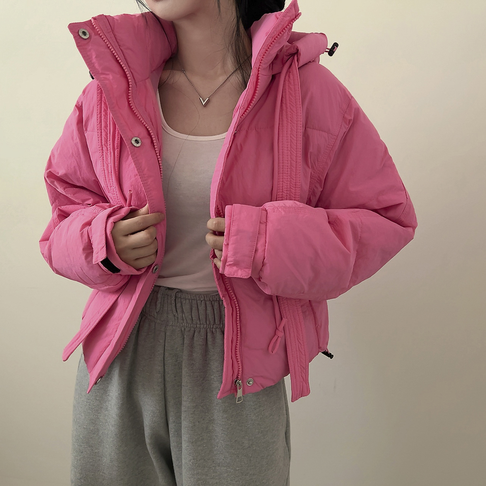 暖かいハイネックフード付きショートダウンジャケット | ファッション