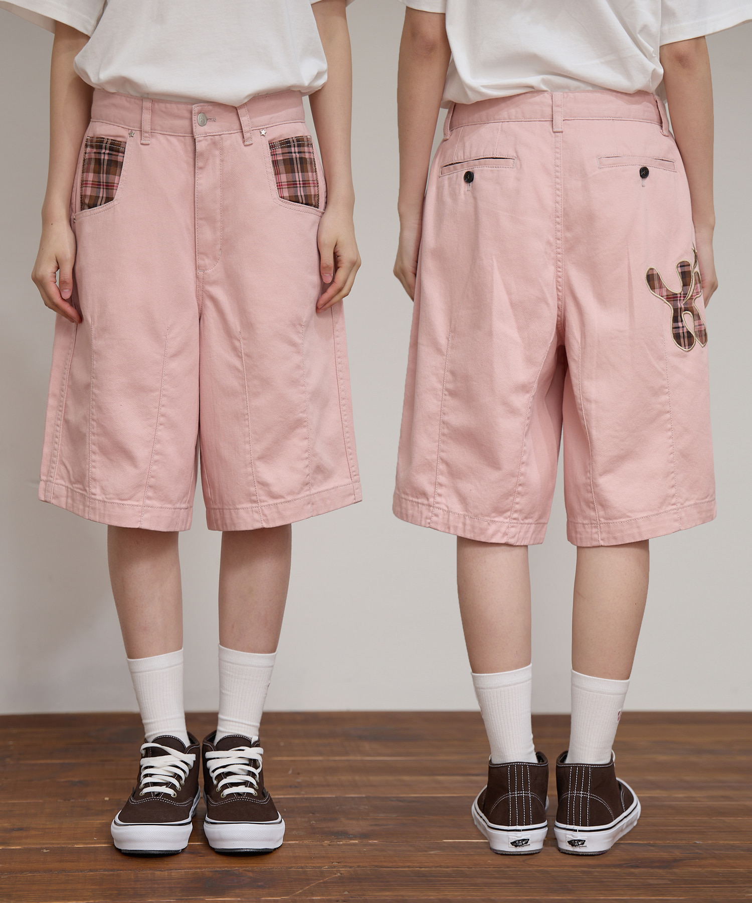 Check Applique Half Pants PINK