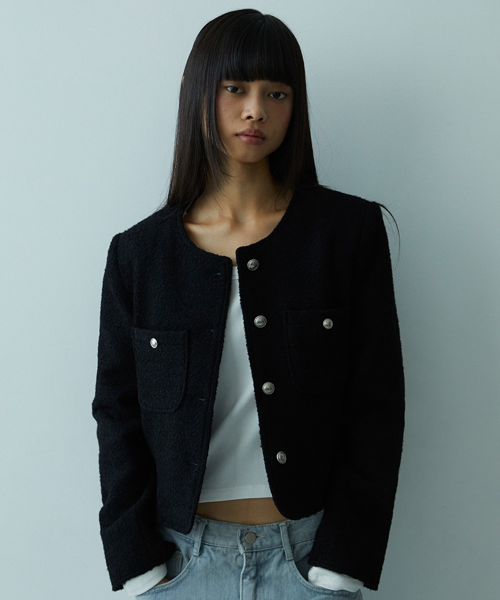 Round Boucle Tweed Jacket [Black]