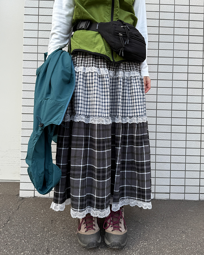 チェックパターンレースポイントロングスカート