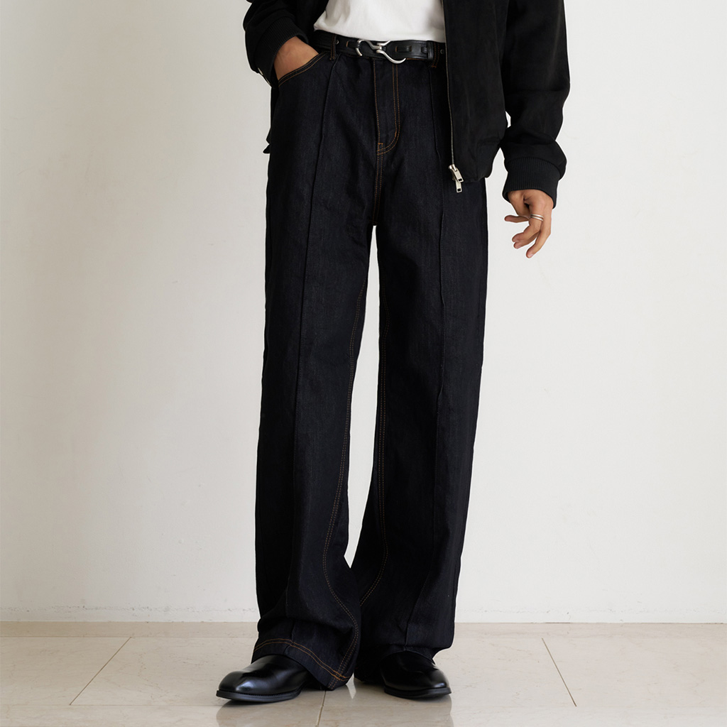 [BEST 50][12回再販](ORIGINAL) ピンタックストレートデニムパンツ (black)