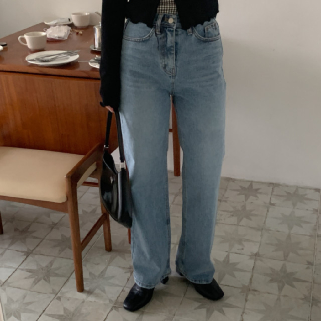 セミワイドハイウエストウォッシュデニムパンツ