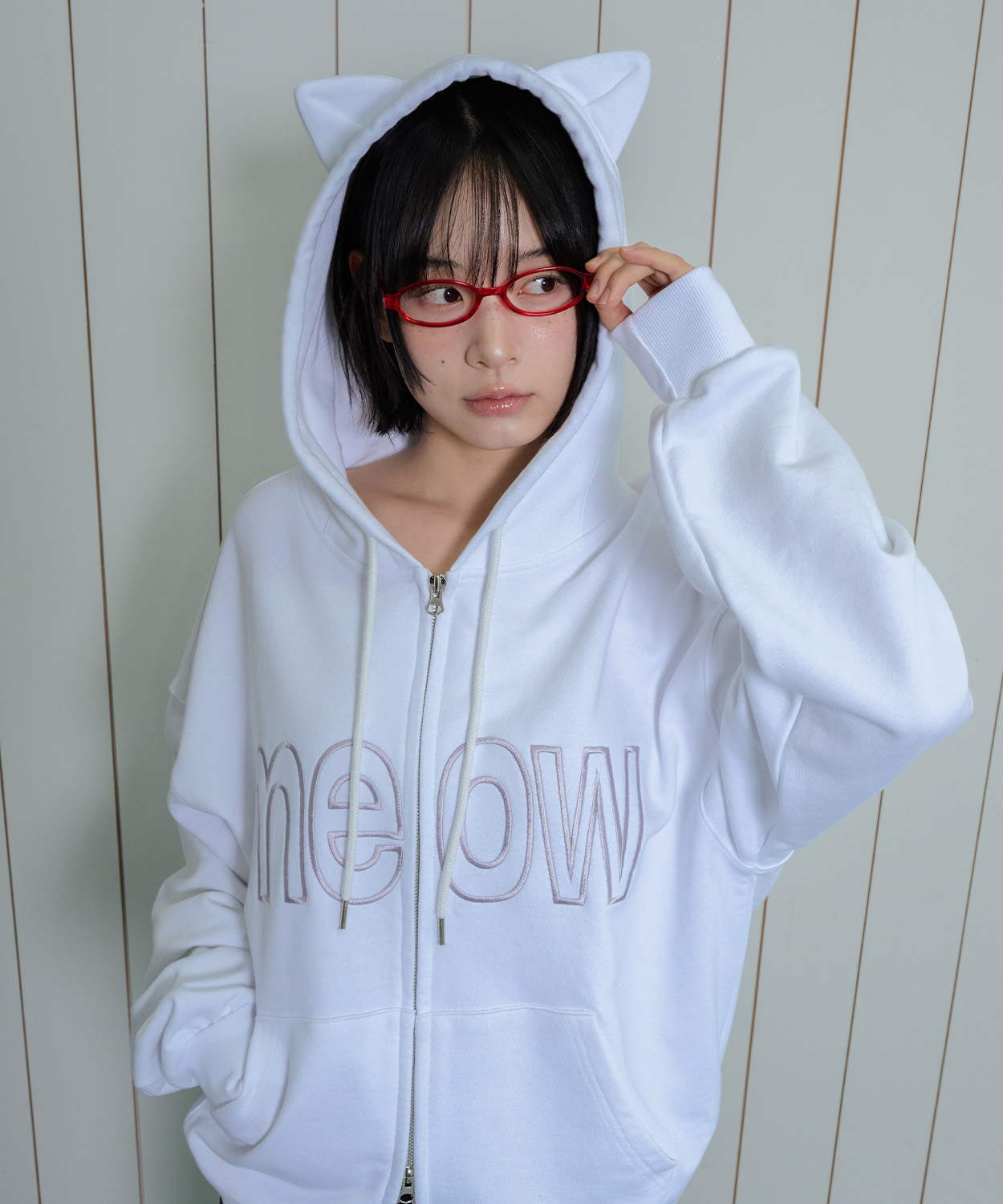 MEOW CAT EAR HOODIE ZIP UP - WHITE