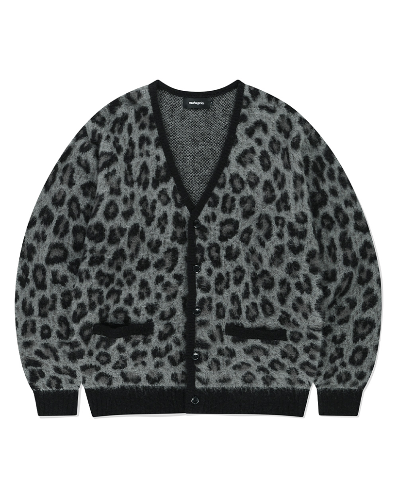 LEOPARD HAIRY KNIT CARDIGAN CHARCOAL