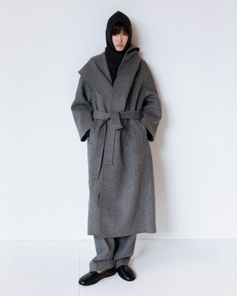 WOOL BLEND WIDE COLLAR ROBE HANDMADE COAT - D GREY