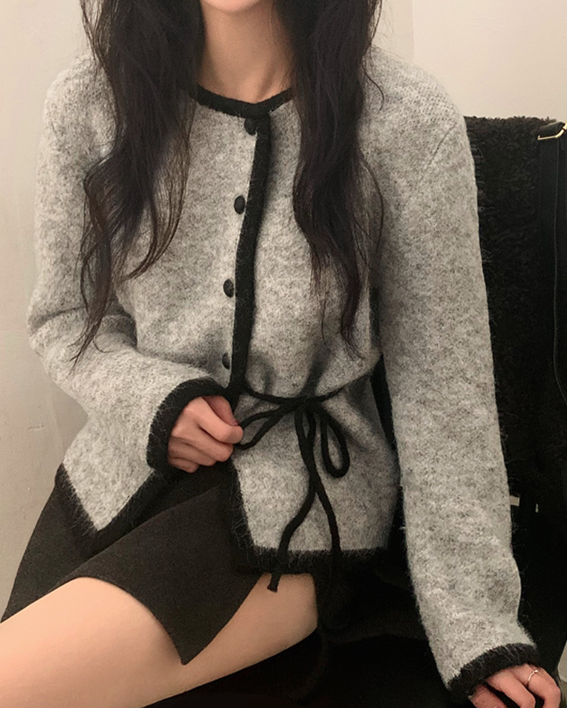 (4 color) ウール混 リボン 配色 カーディガン