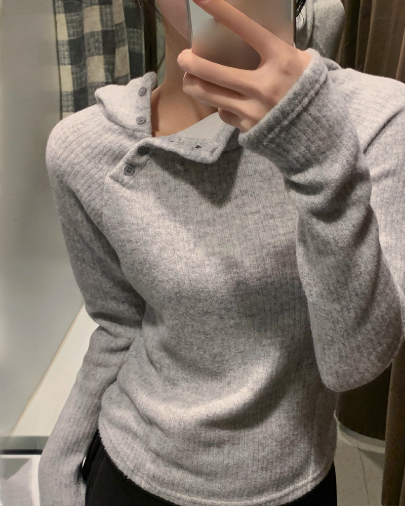 (3 color) ボタン付き リブ フリース パーカー