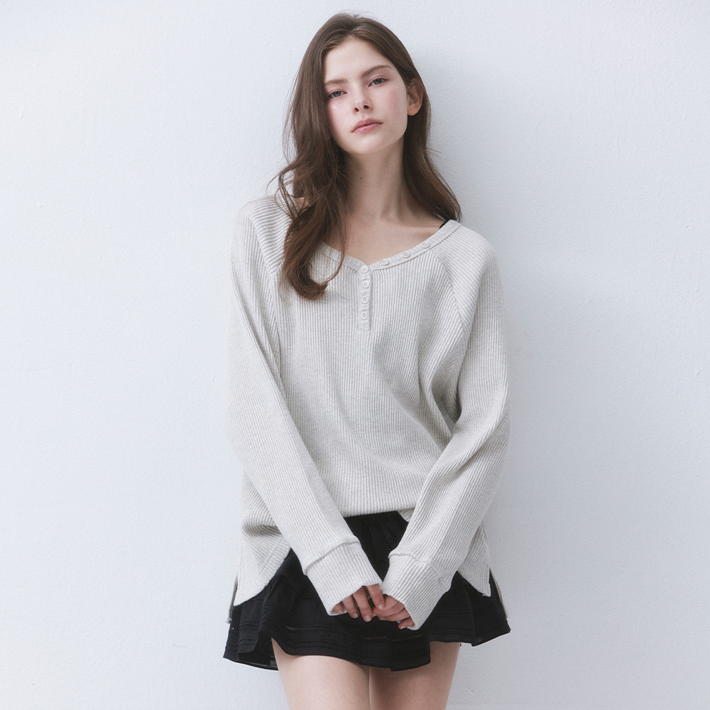 BUTTON BOXY WAFFLE T-SHIRT_TT5S214