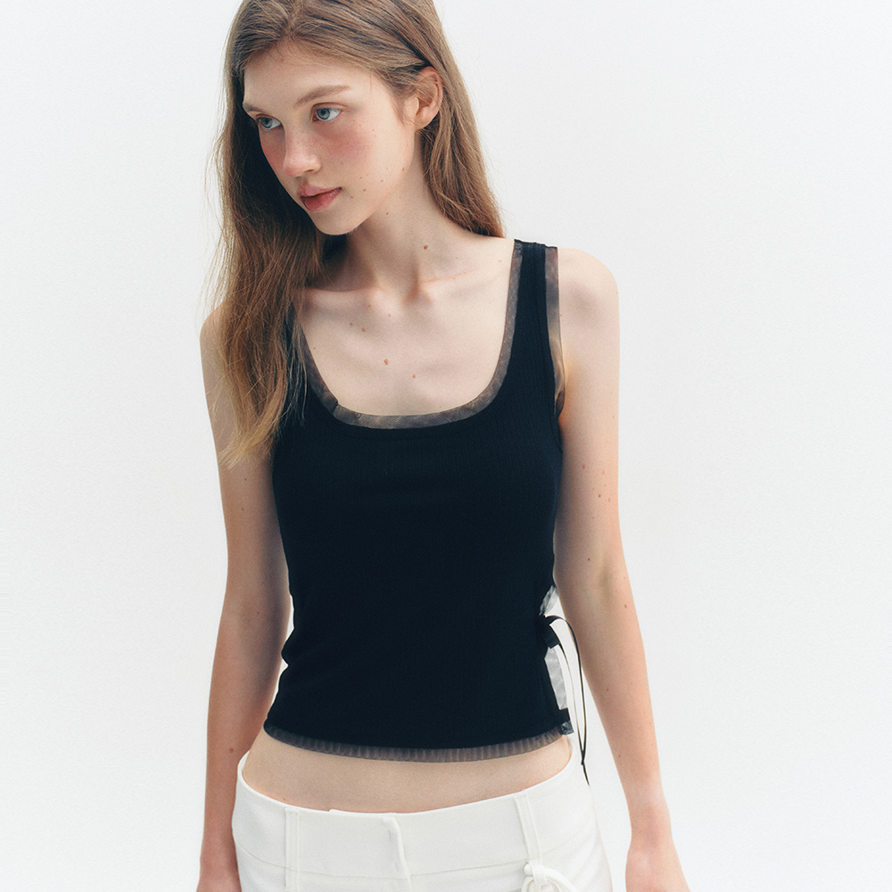 MESH SATIN RIBBON SLEEVELESS SHIRT_TT5S217BK