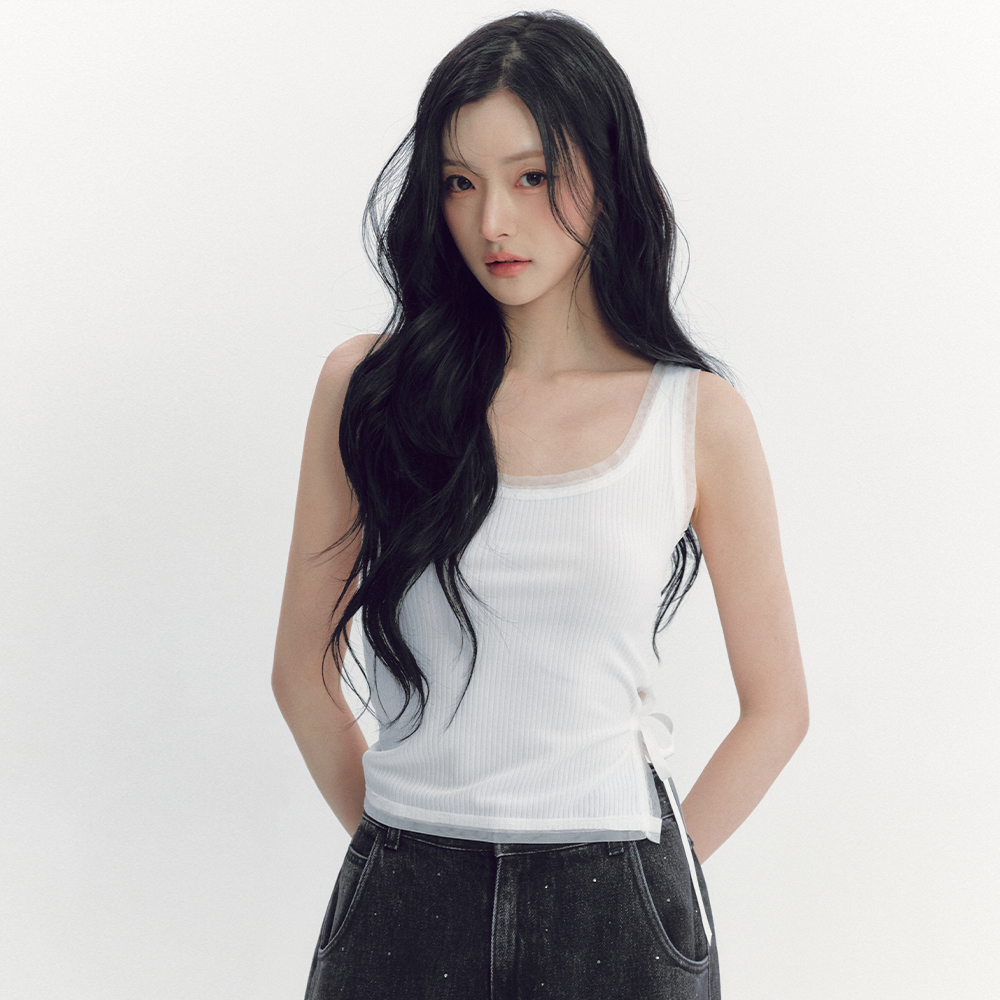 MESH SATIN RIBBON SLEEVELESS SHIRT_TT5S217IV