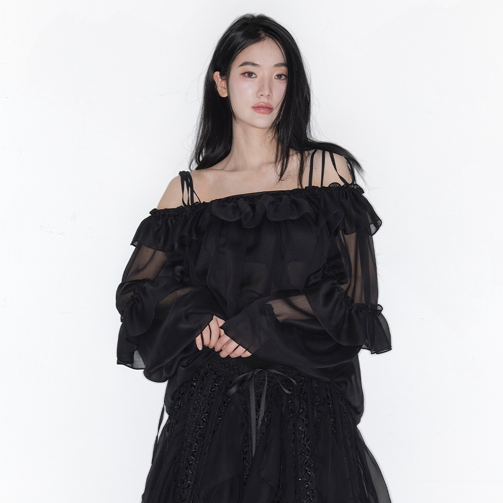 BLOOMING CHIFFON FRILL OFF SHOULDER BLOUSE_TT6S101BK
