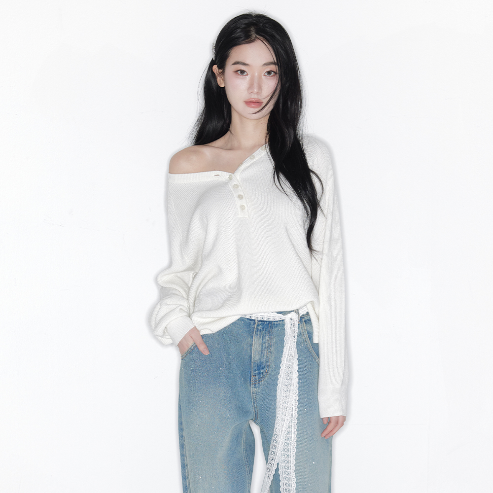 CASHMERE BUTTON BOXY WAFFLE KNIT_TT6S301IV