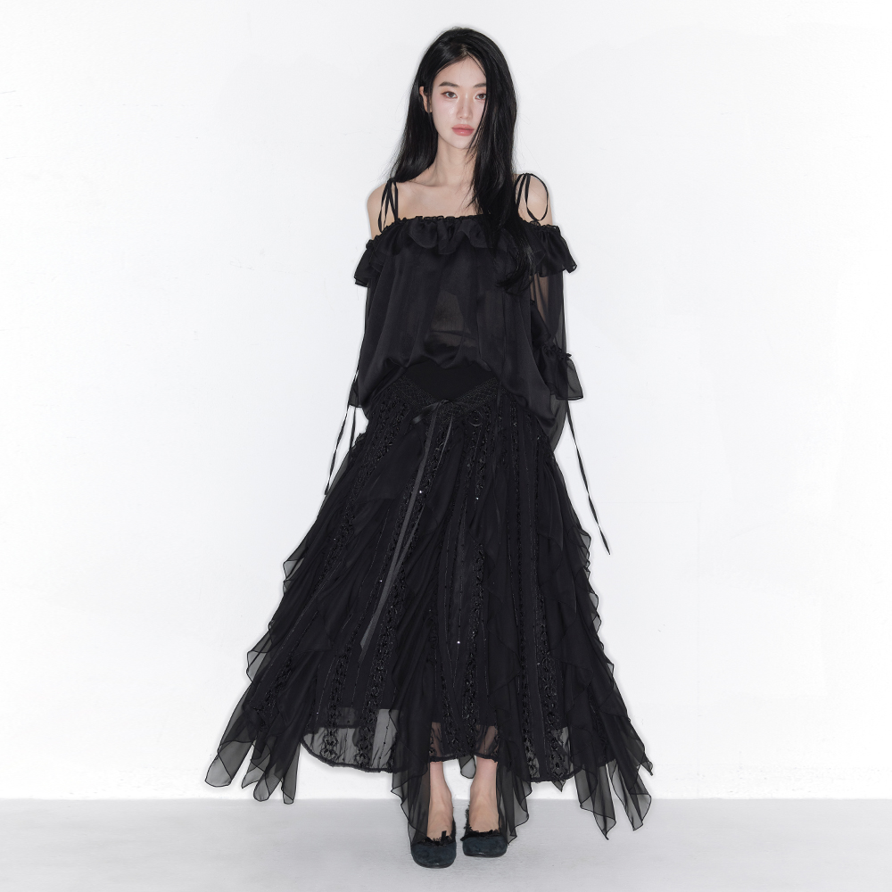 MAISON CHIFFON LACE MAXI SKIRT_TT6S502BK