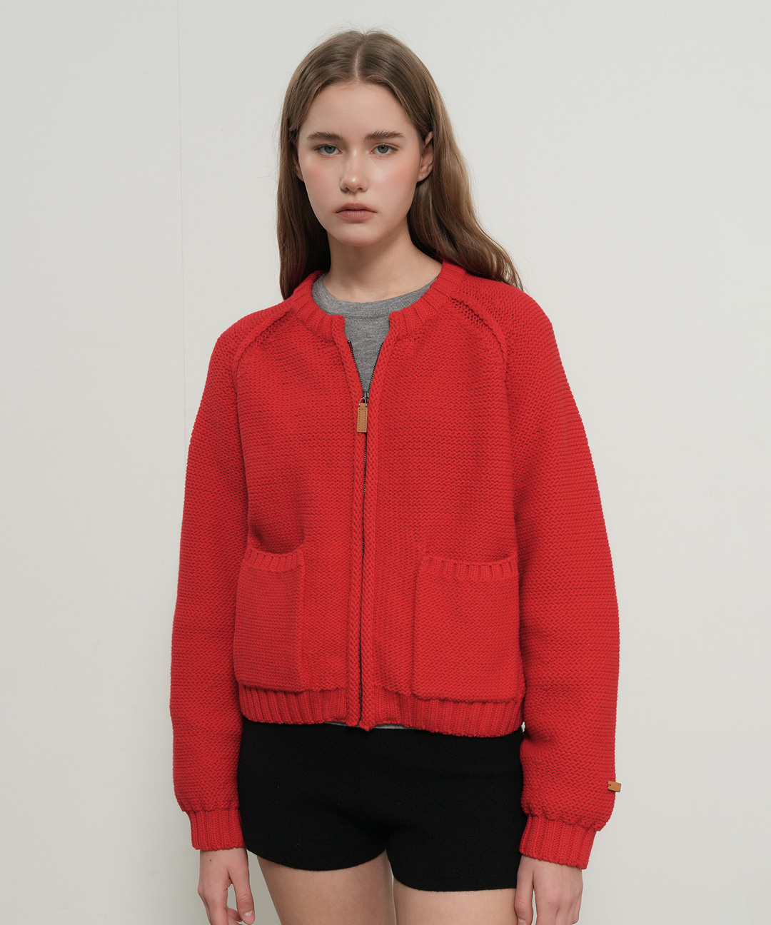 cotton blend raglan knit zip-up