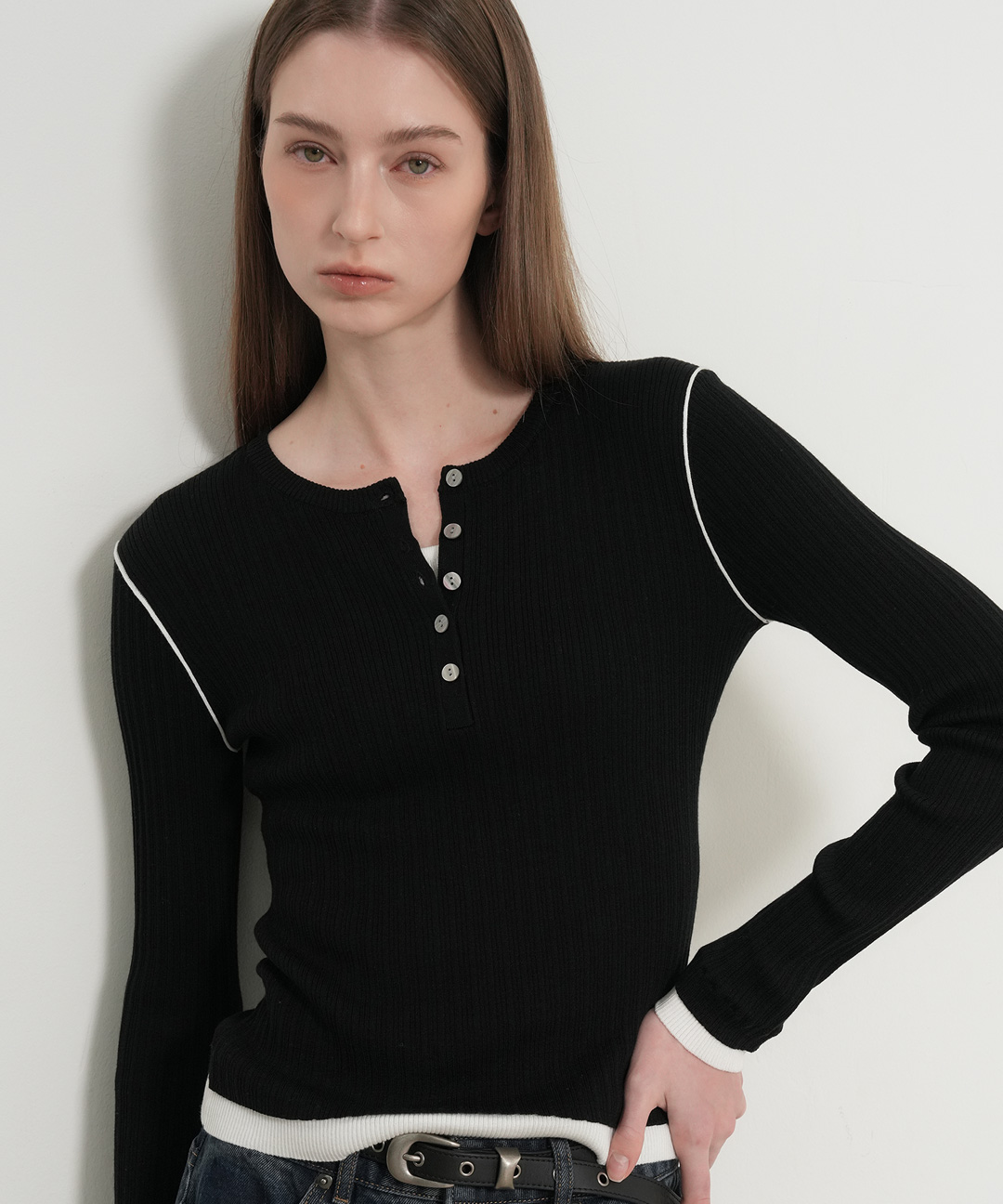 henley neck layered knit pullover