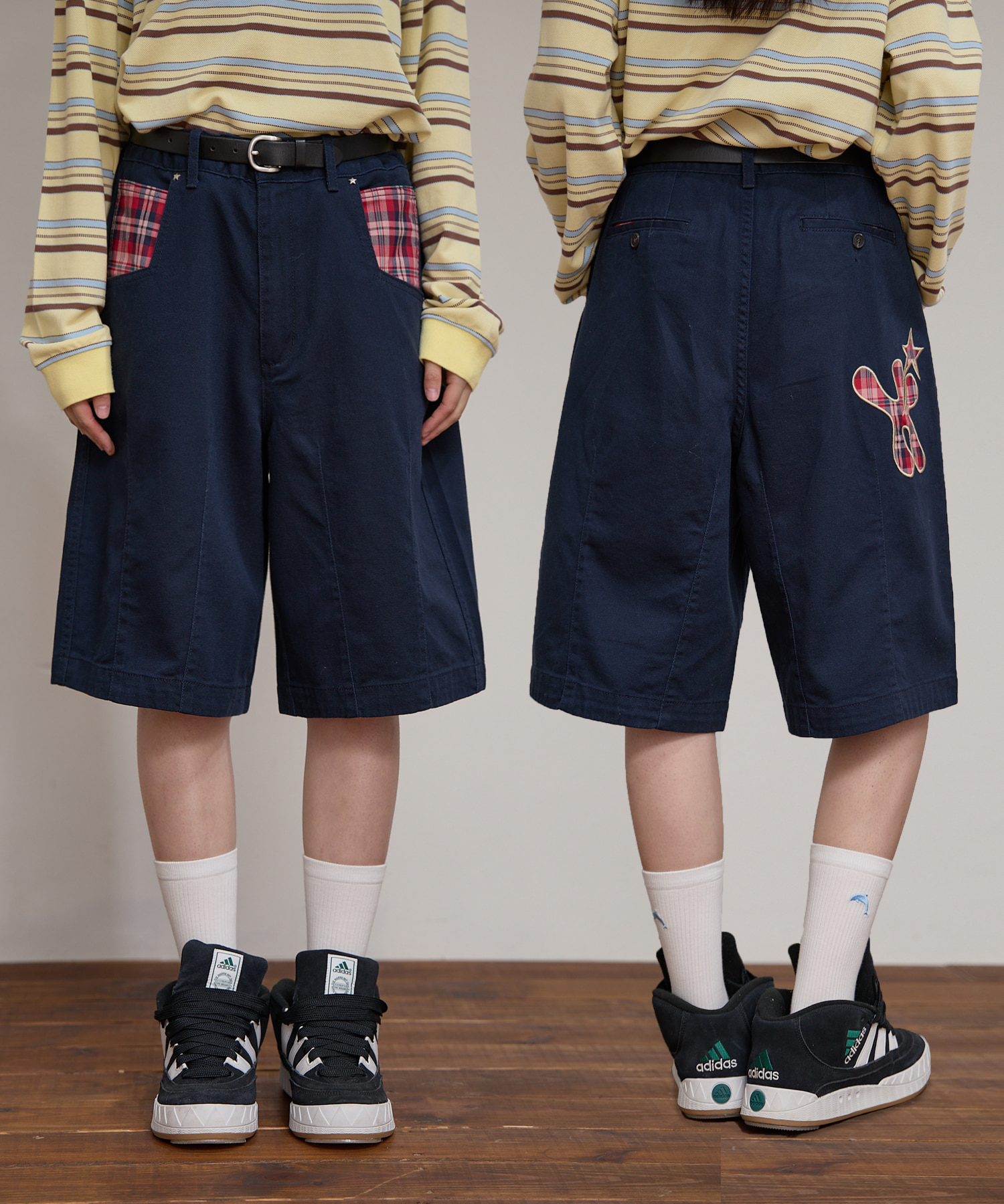 Check Applique Half Pants NAVY