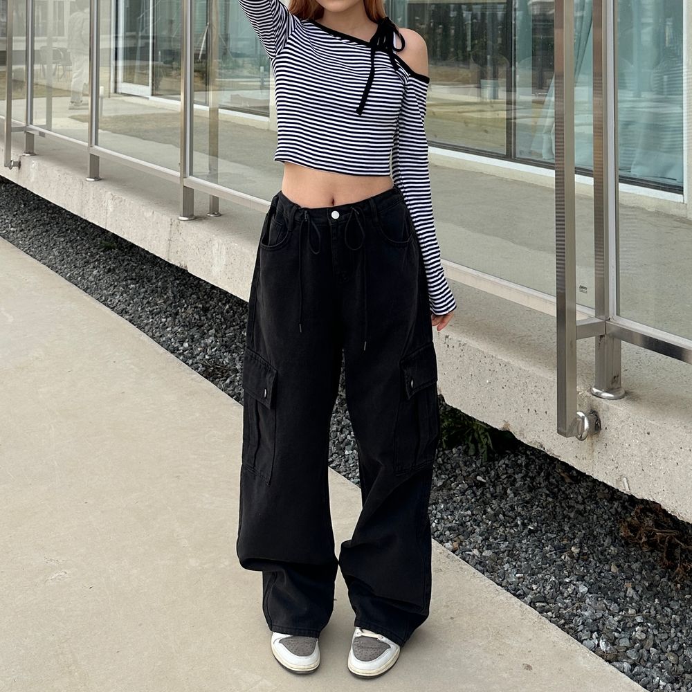 ボーダーオフショル紐クロップドTシャツ | ファッション通販