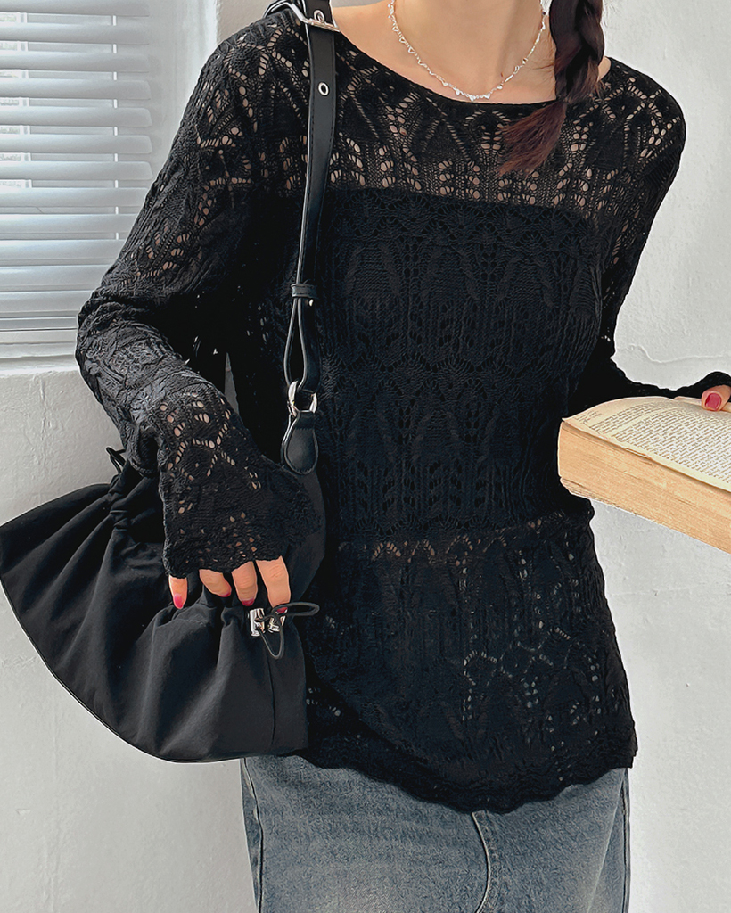[Drawer]チュールレースネックニット Black Drawer]チュールレースネックニット Black