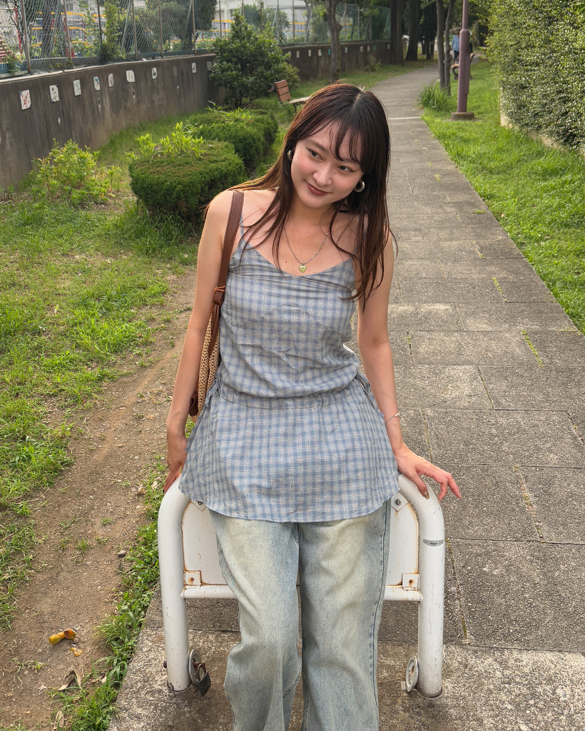 『Cider』Uネックチェック柄シャーリングベルトミニドレス ☆予約商品☆【11月上旬入荷予定】【XSサイズあり】チェック柄