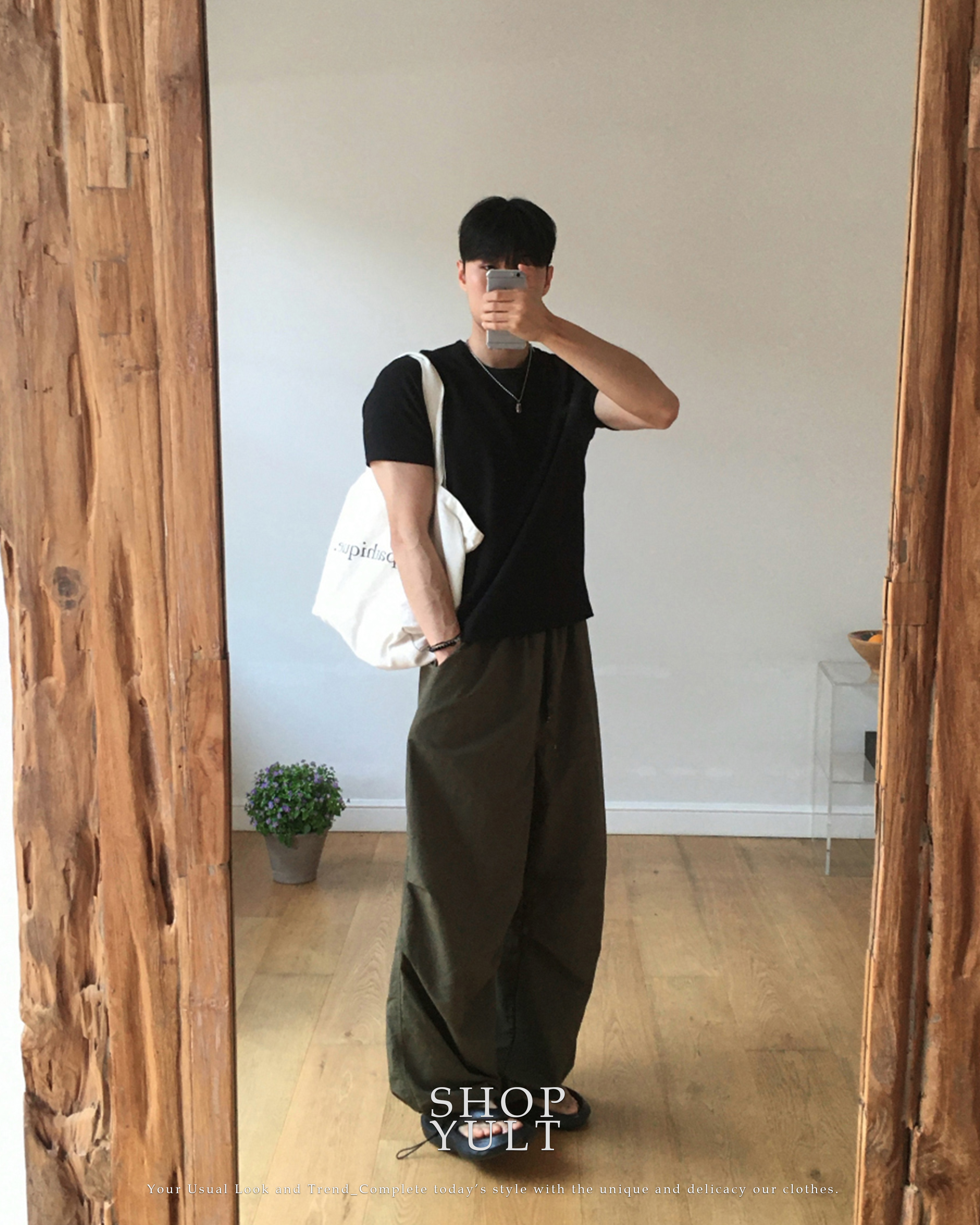 (3color)タックナイロンウエストゴムパンツ