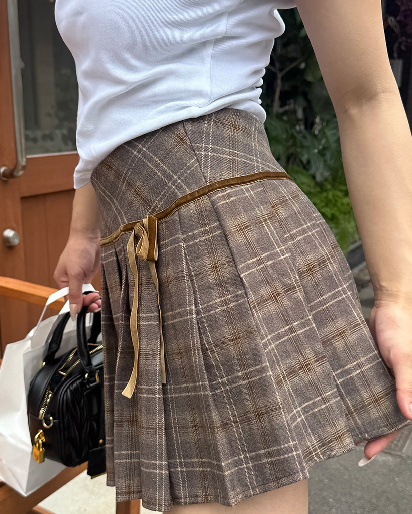 リボン付きチェックプリーツミニスカート | ファッション通販