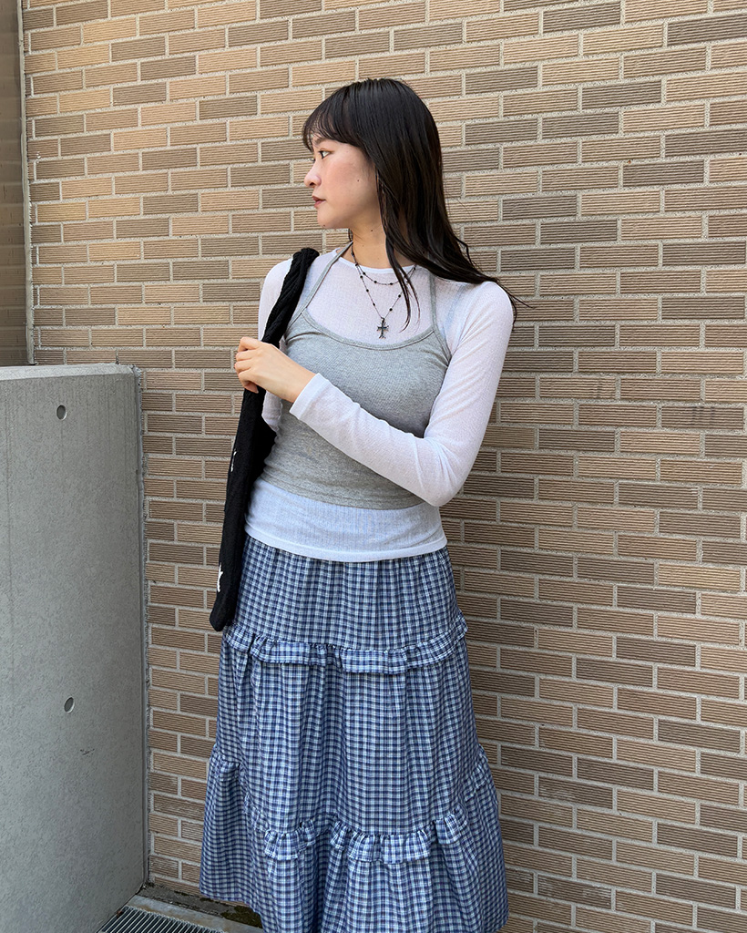 チェック柄フリル袖ロングスカート チェック柄Wフリルロングスカート– jemiremi（ジェミレミ）