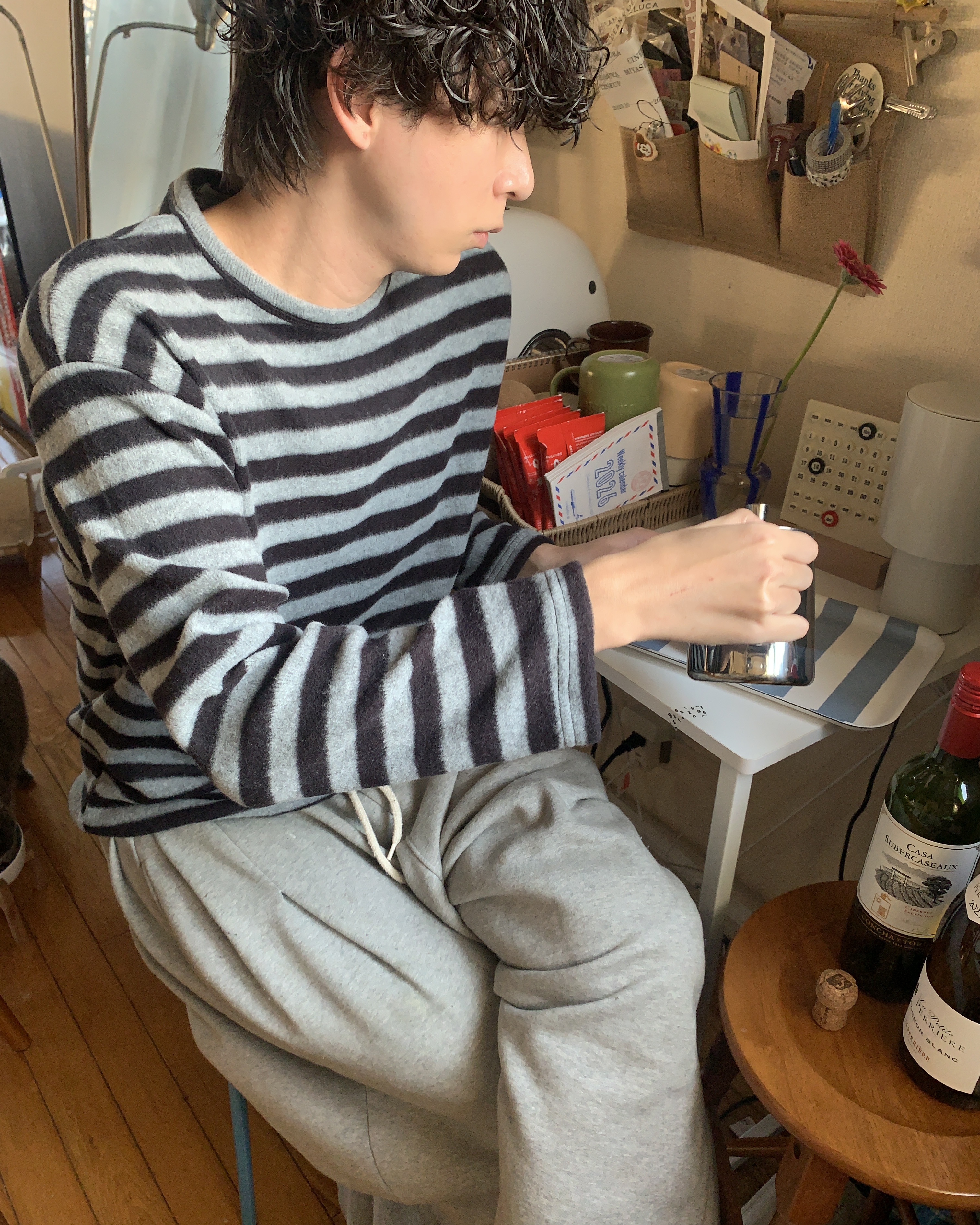 （ユニセックス）ボーダー起毛長袖Tシャツ