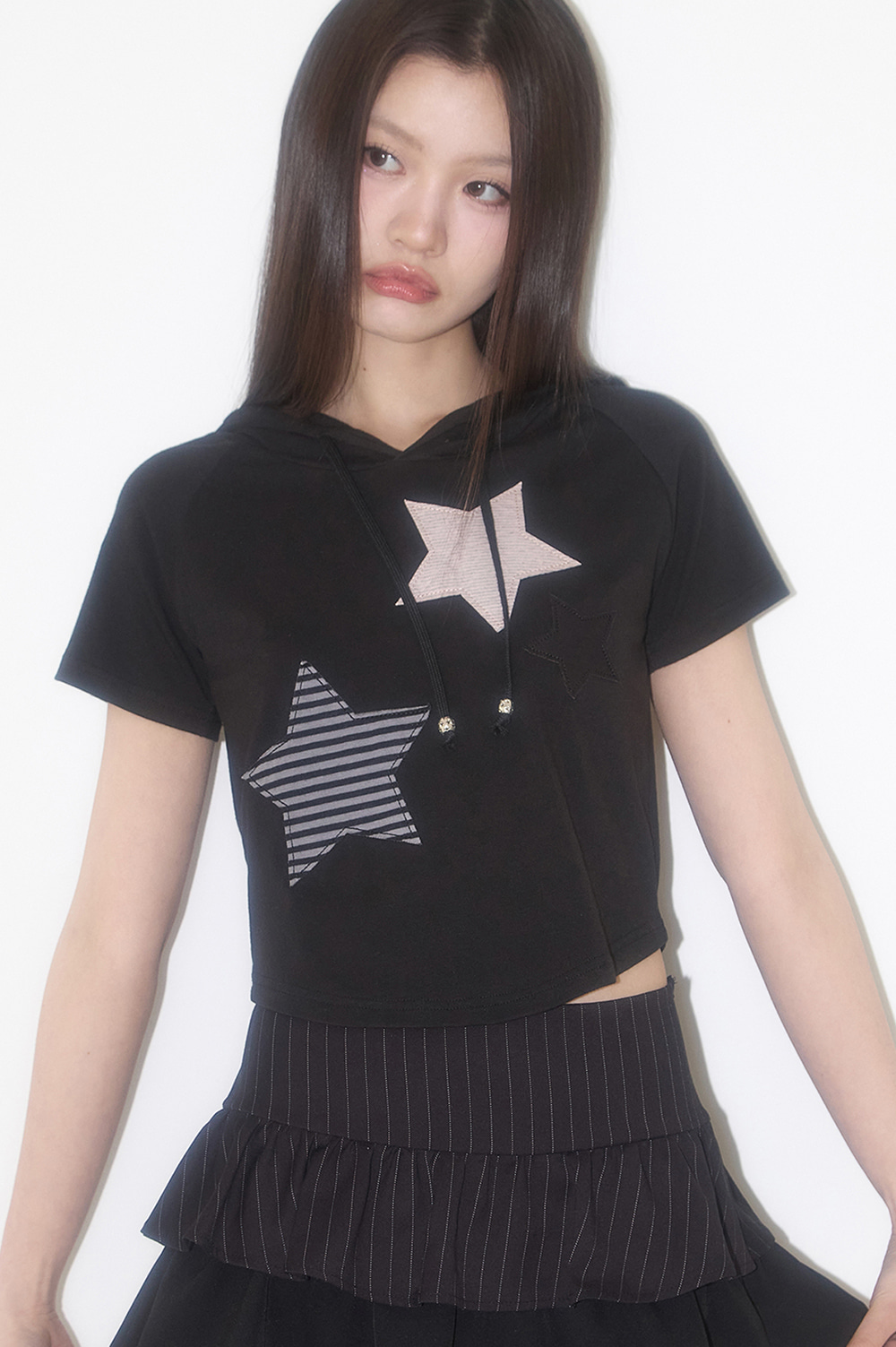 Tシャツ・カットソー ILLIGO Striped Star Patch Hoodie 5BMR0217 ストライプスターパッチフーディーTシャツ ホワイト - illigo