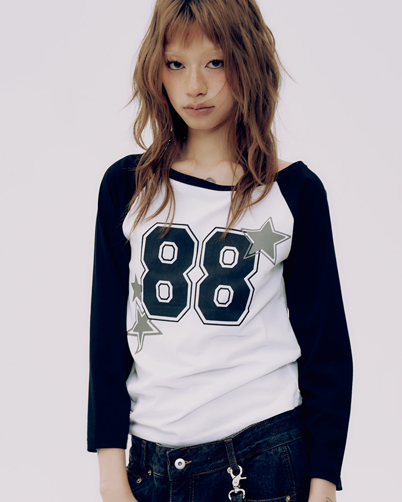 88プリンテッドセミクロップラウンドネック長袖Tシャツ_3COLOR