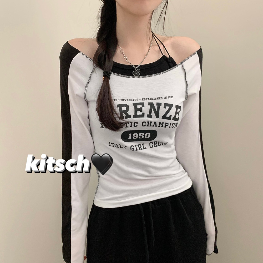Jadedlondon ダブルレイヤー 長袖 Tシャツ Y2K プリント y2kラグランバイカラーボートネック長袖Tシャツ(5color