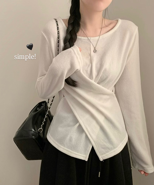 (3color)クロスボタンラップスリットロングスリーブTシャツ