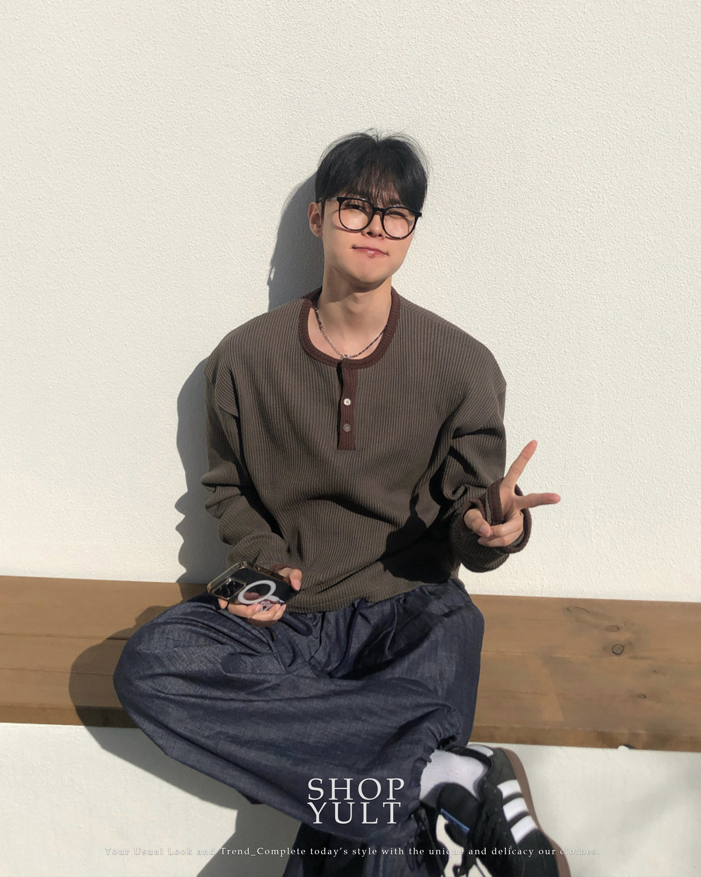 (4color) 指穴 ヘンリーネック ワッフル ニット