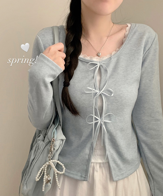 (3color)リボンレイヤードクルーネックTシャツ