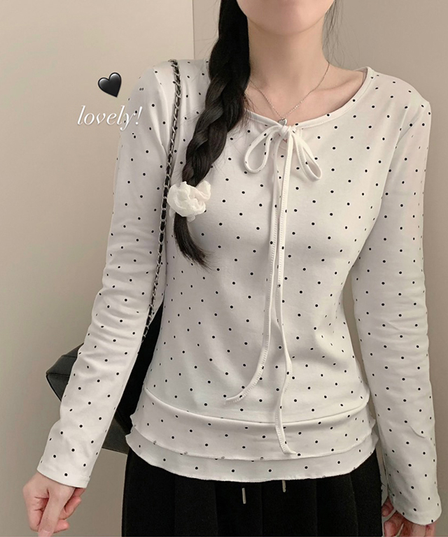 (3color) ドット ティアード クルーネック Tシャツ トップス