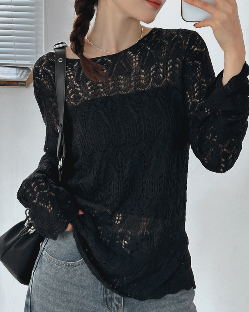 [Drawer]チュールレースネックニット Black Drawer]チュールレースネックニット Black