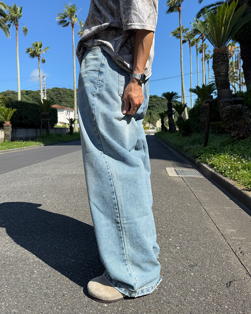 カジュアル ワイド デニム 2色 バルーンシルエット 韓国 nr9183 ワンフォークロージング 1111clothing カラーデニム メンズ