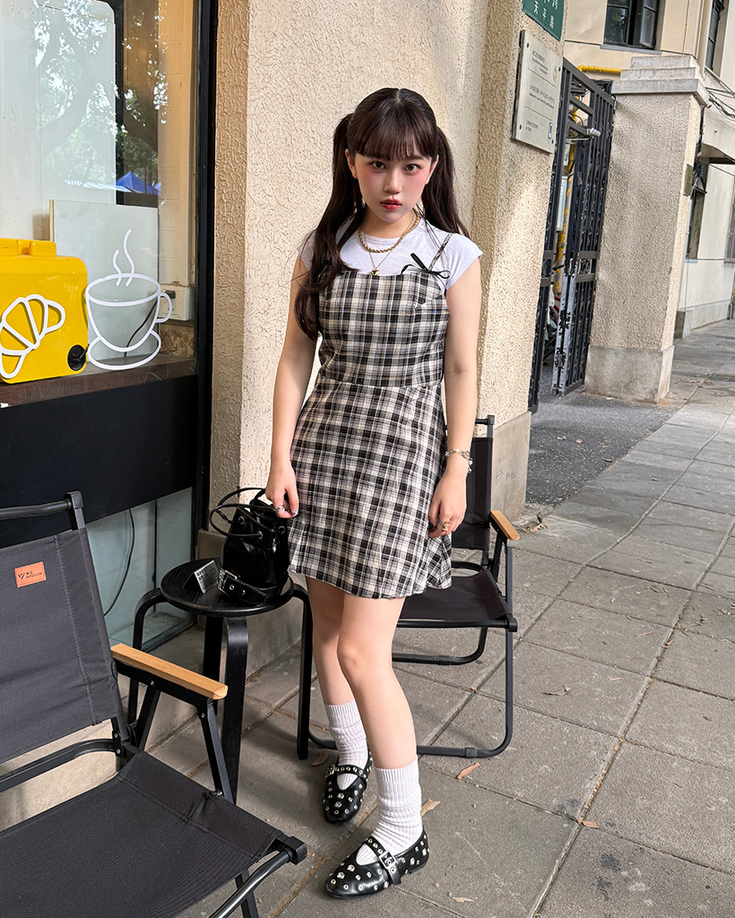 リュクス リボン チェック ミニ ワンピース 可愛すぎる タータンチェックリボンスリーブレスミニワンピース