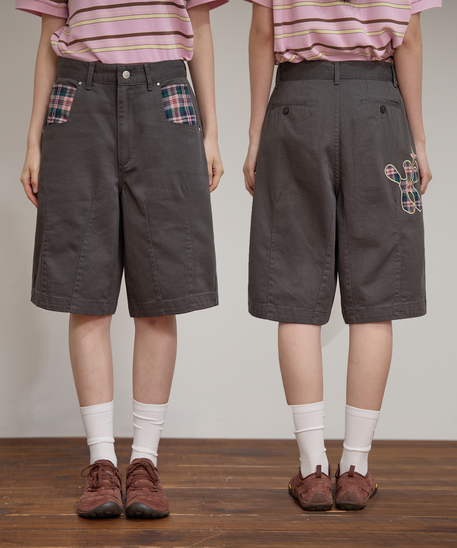 Check Applique Half Pants CHARCOAL