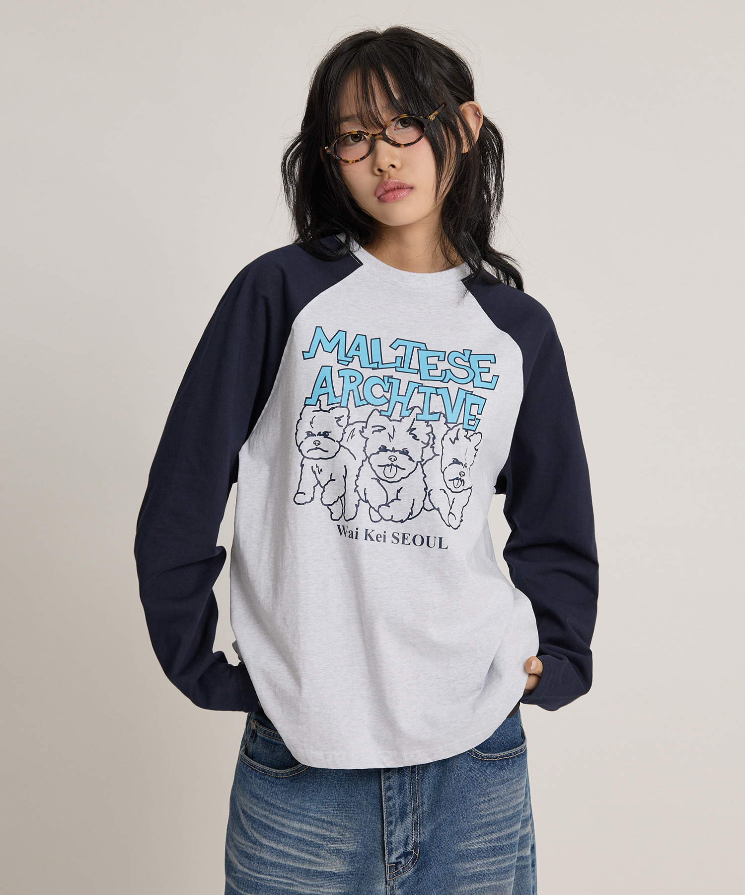 Maltese Archive Line Graphic Raglan Long Sleeve T-shirt MELANGE WHITE