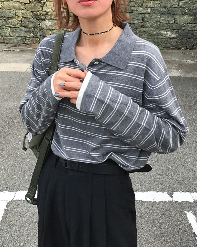 ボーダーポロカラーニット | ファッション通販サイト NUGU