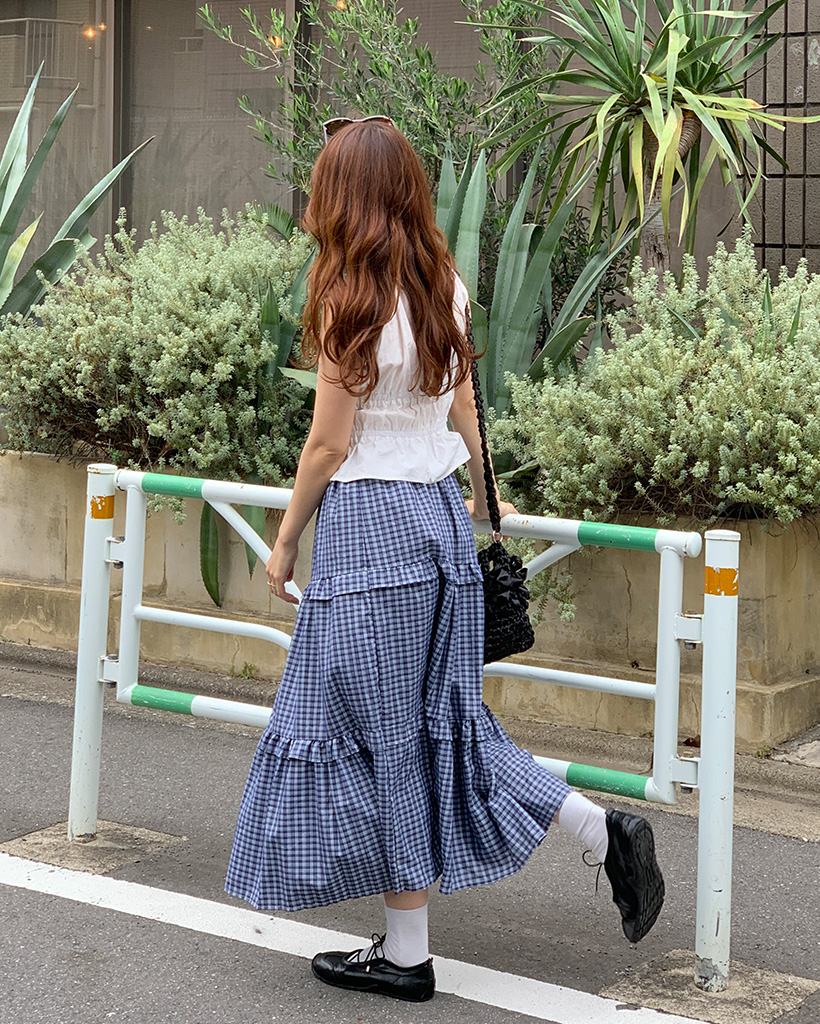 だんだんティアードロングスカート ピンク系チェック LADY LIKE