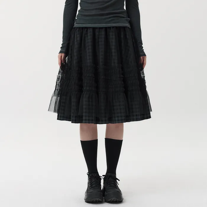 LAYERED SHEER FRILL SKIRT, KHAKI CHECK