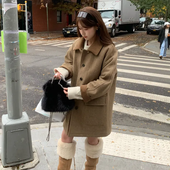 [nugu限定商品] Corduroy Collar Herringbone Short Coat_Camel