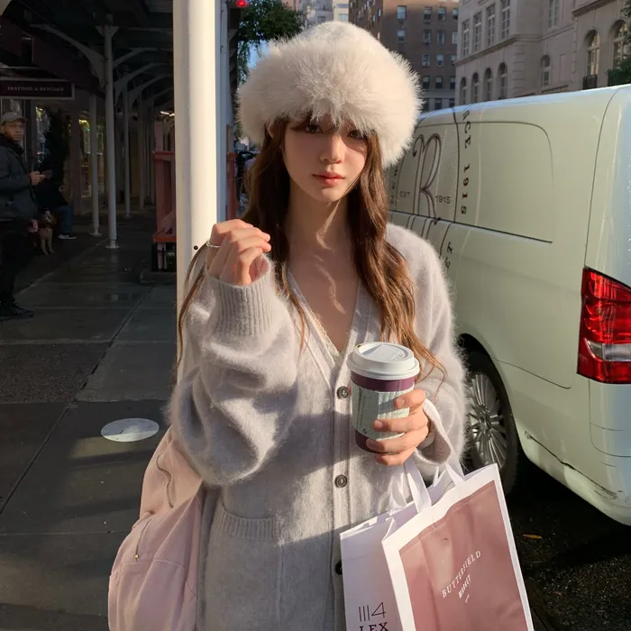 Fuzzy V-neck Knit Cardigan_Melange Grey | ファッション通販サイト NUGU