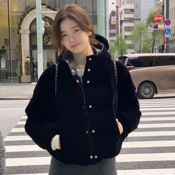 Little Black Velvet Goose Puffer Jacket